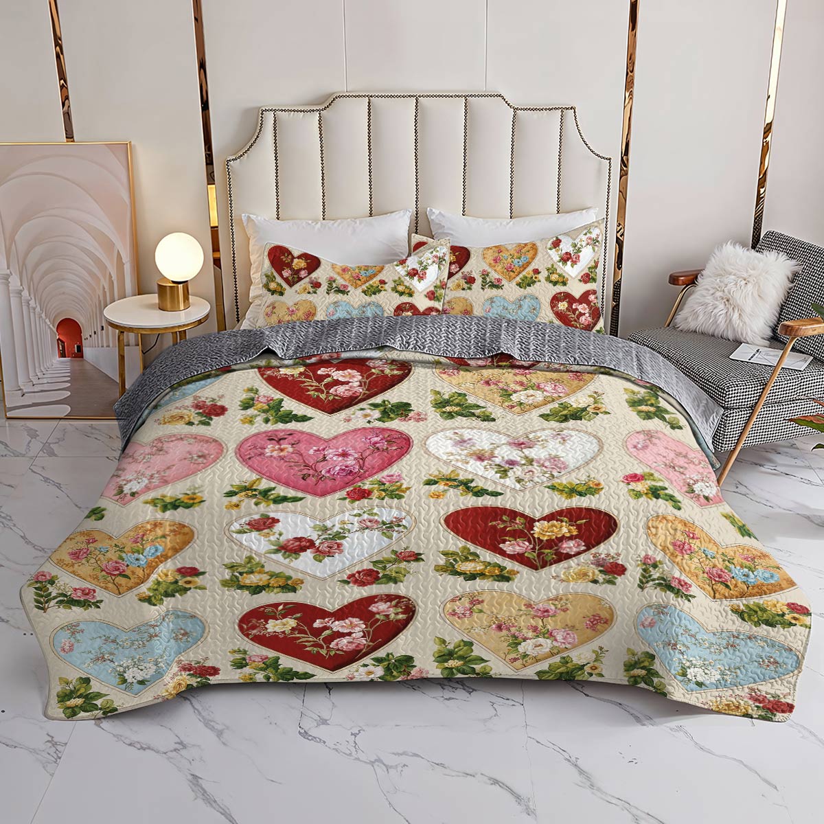 Lorva All Season Quilt 3-Piece Set Charrming Floral Heart Love
