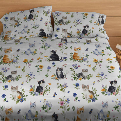 Lorva 4-Piece Bed Sheet Set Sweet Floral Cats