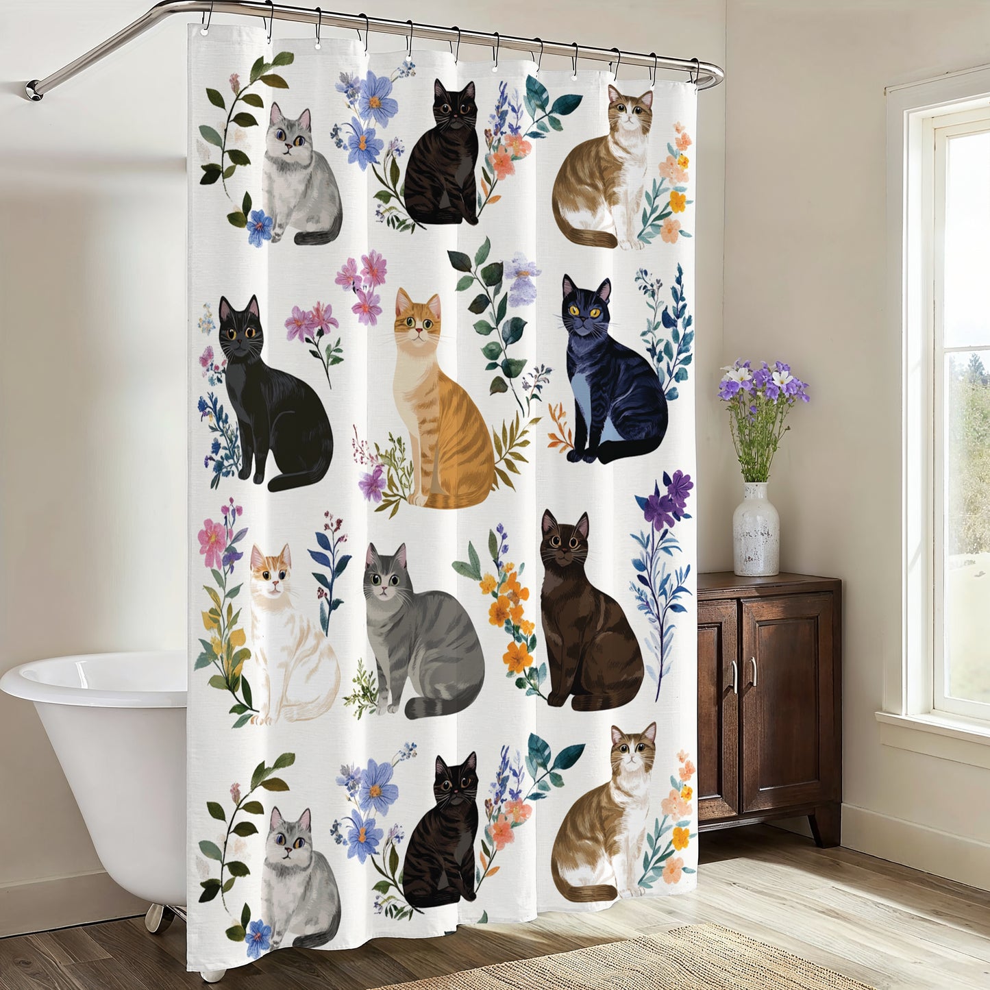 Lorva Shower Curtain Charming Floral Cats