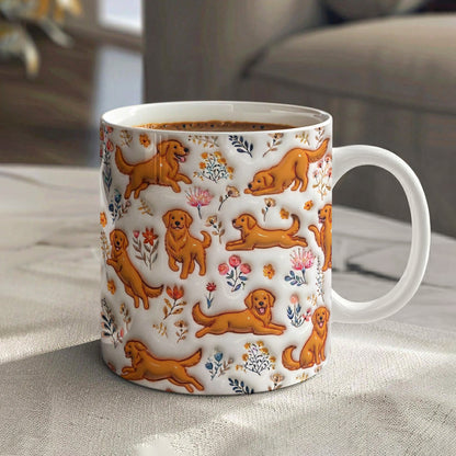 Lorva Red Golden Retriever Flat Print Mug Happy Field Flowers
