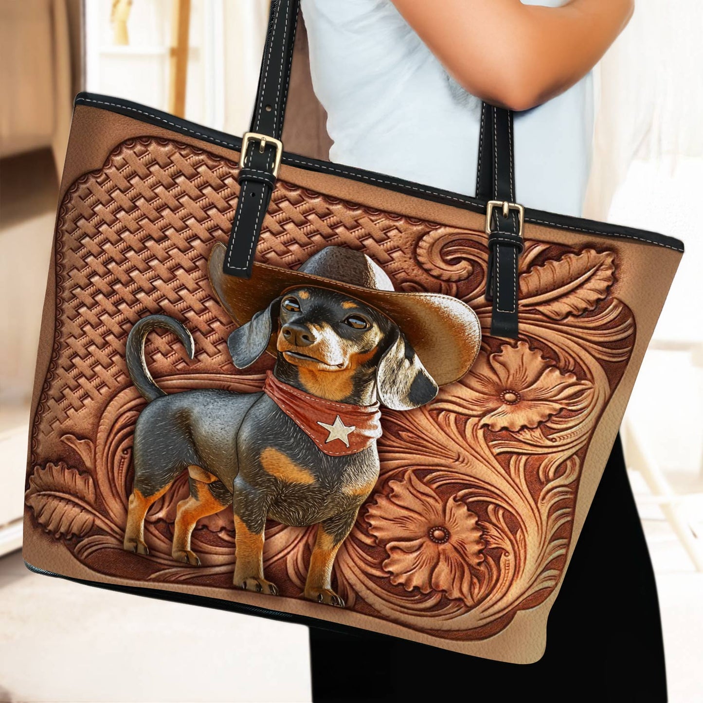 Lorva Dachshund Leather Tote Bag Cowboy Doxie