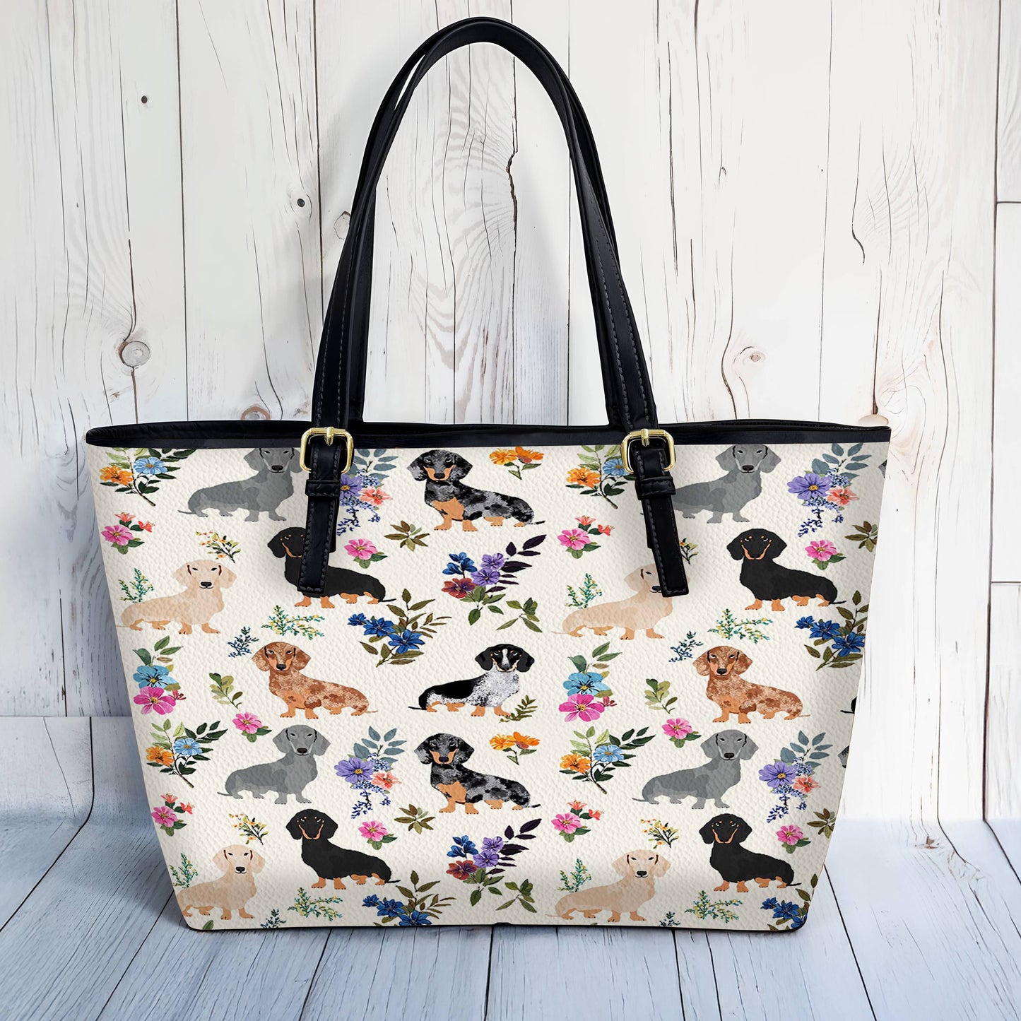 Lorva Leather Tote Bag Charming Floral Dachshunds
