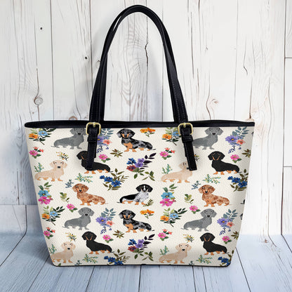Lorva Leather Tote Bag Charming Floral Dachshunds