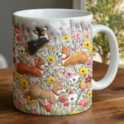 Lorva  Flat Print Mug Puffy Happy Corgi In Flower Garden