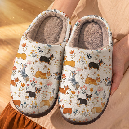 Lorva Corgi Fleece Lined Slippers Happy Field Flowers