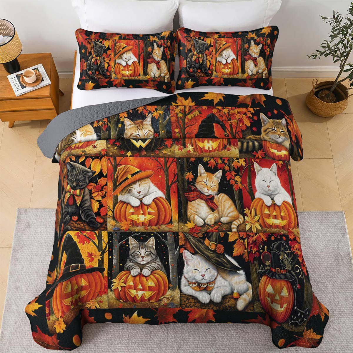Lorva All Season Quilt 3-Piece Set Cute Autumn Cat Sleeping