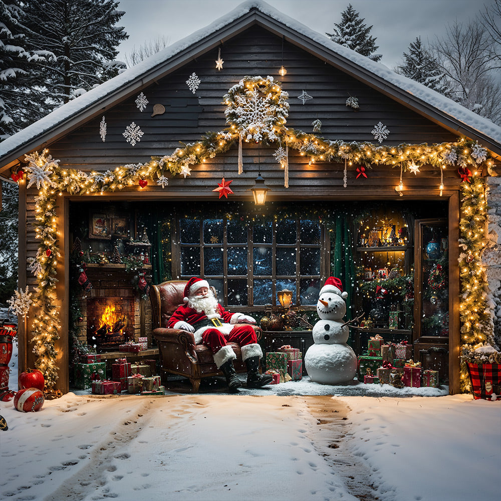 Lorva Christmas Garage Door Banner Decoration Fireside Santa & Snowman Holiday