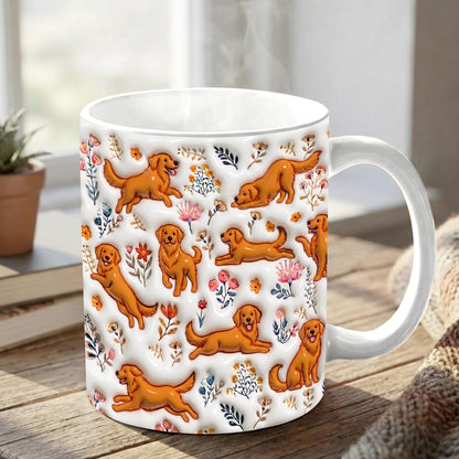Lorva Red Golden Retriever Flat Print Mug Happy Field Flowers