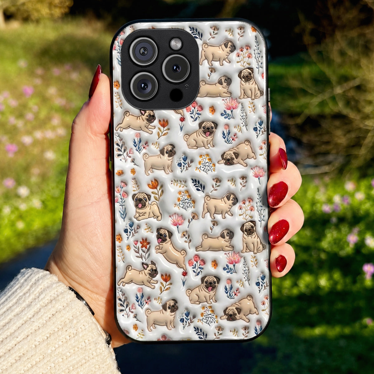 Lorva Pug Flat Print Phone Case Happy Field Flowers