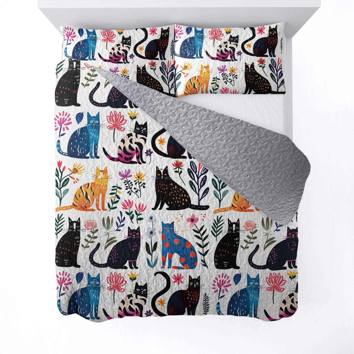 Lorva All Season Quilt 3-Piece Set Charming Whimsical Cat Garden