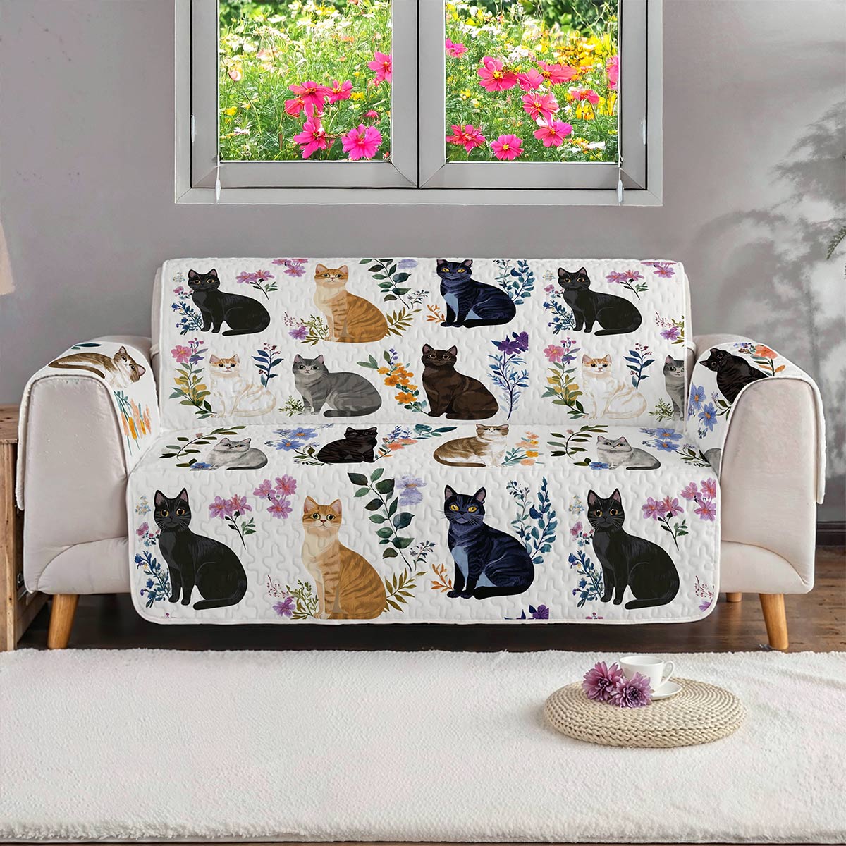 Lorva Sofa Cover Set Charming Floral Cats