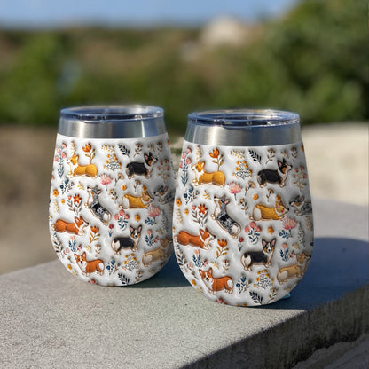 Lorva Corgi Wine Tumbler Happy Field Flowers