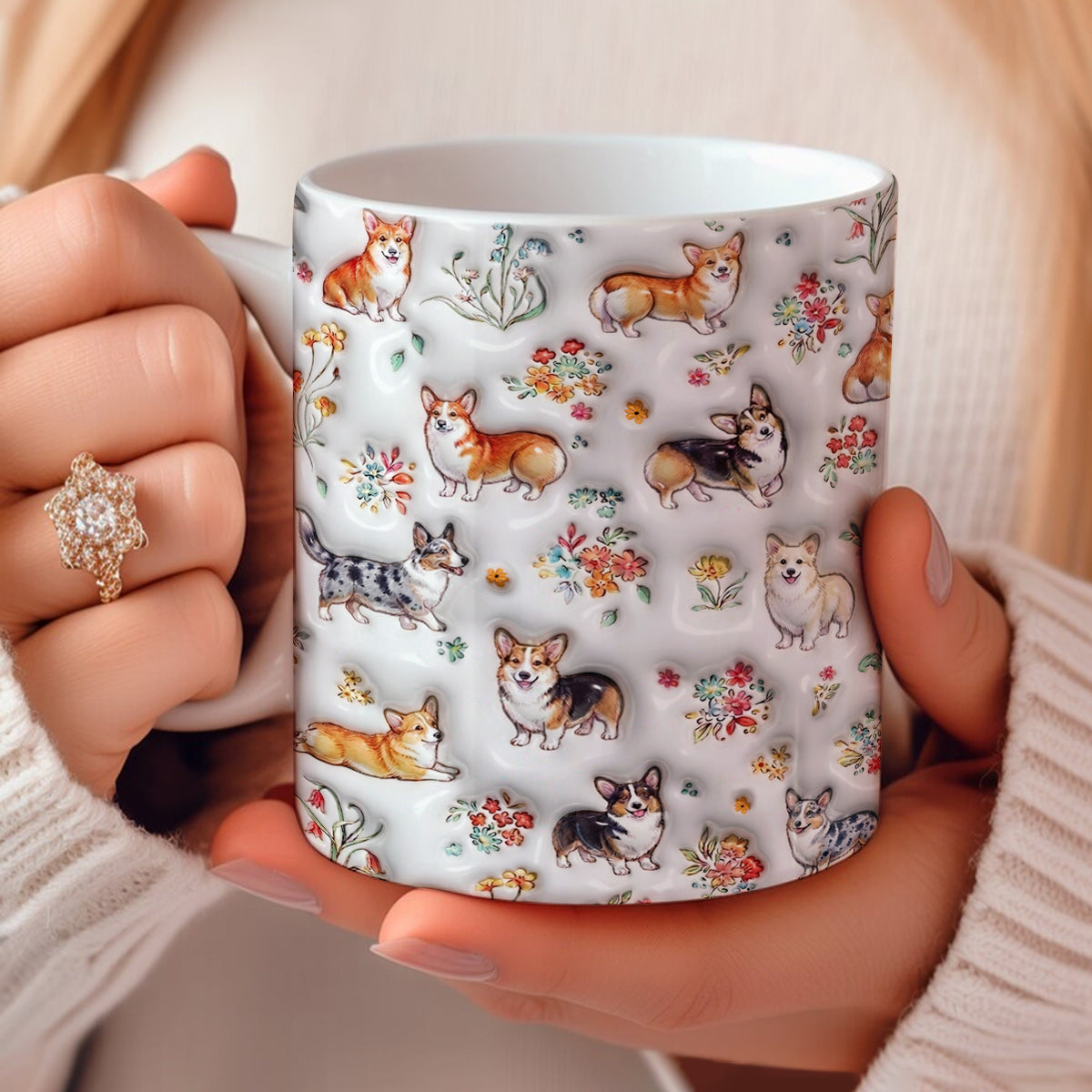 Lorva Corgi Flat Print Mug Cute Floral