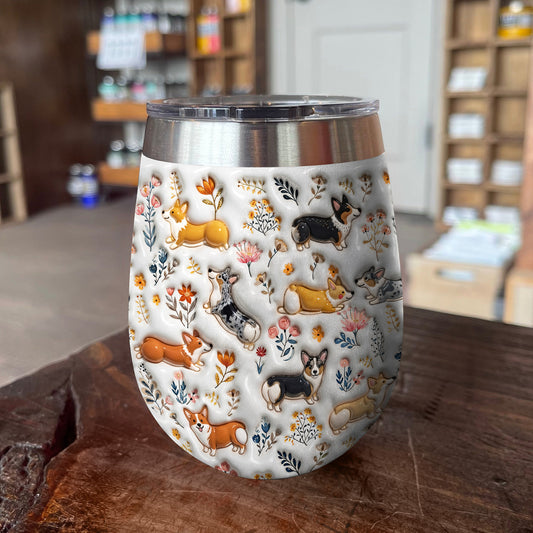 Lorva Corgi Wine Tumbler Happy Field Flowers