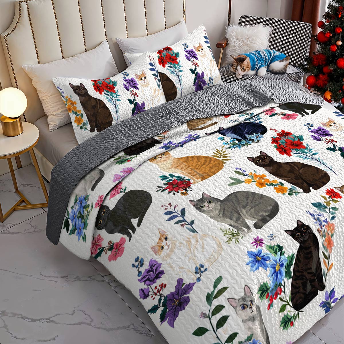 Lorva Cat Christmas All Season Quilt 3-Piece Set Charming Floral Cats