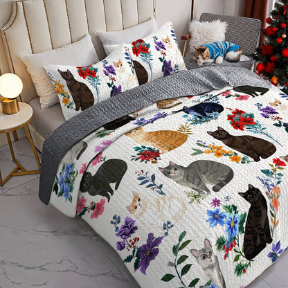 Lorva Cat Christmas All Season Quilt 3-Piece Set Charming Floral Cats