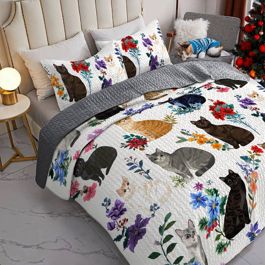 Lorva Cat Christmas All Season Quilt 3-Piece Set Charming Floral Cats