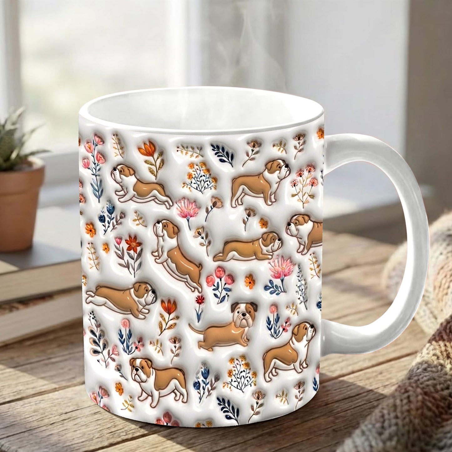 Lorva English Bulldog Flat Print Mug Happy Field Flowers