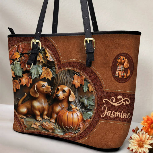 Lorva Personalized Dachshund Leather Tote Bag Fall In Love