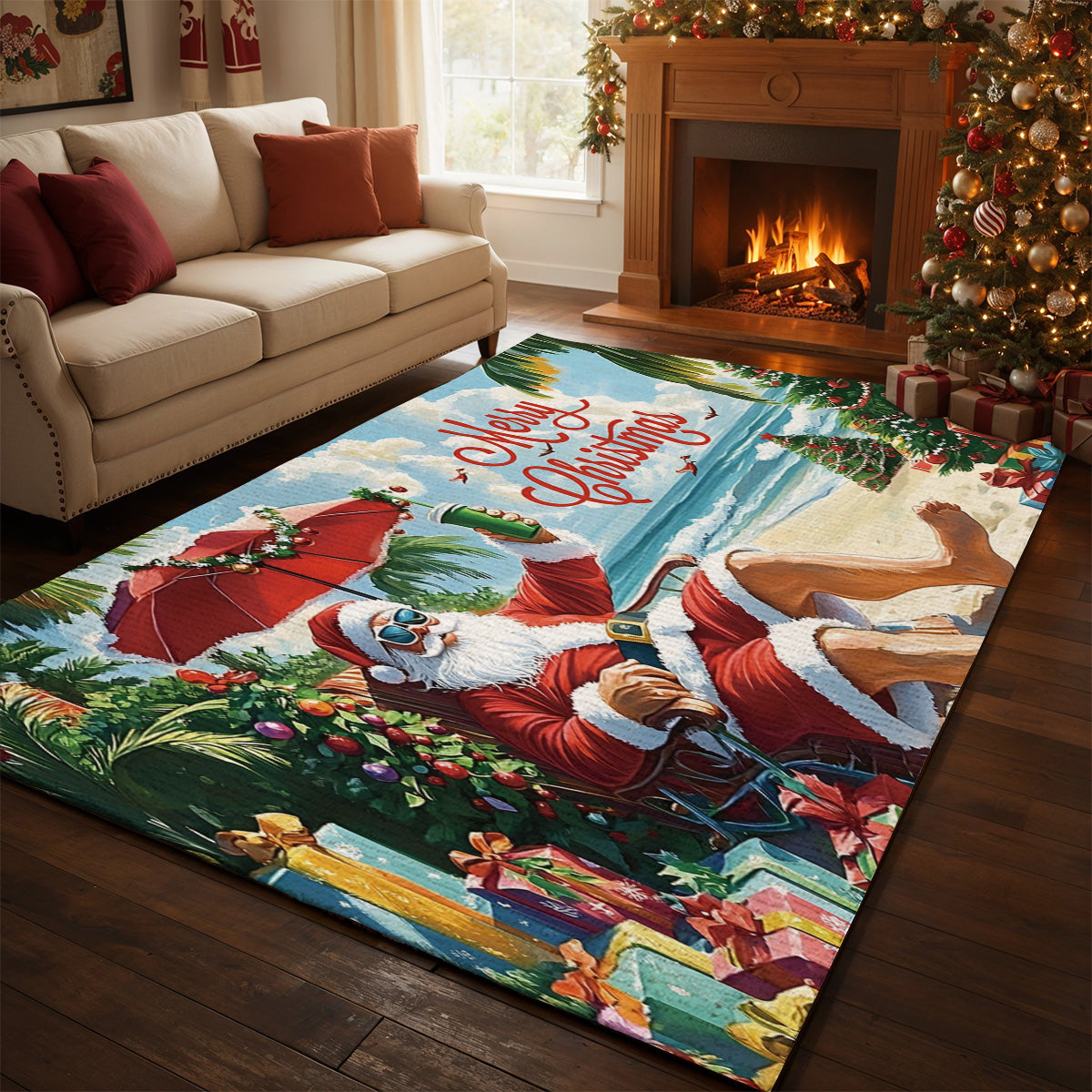 Lorva Christmas Area Rug Happy Santa On Beach