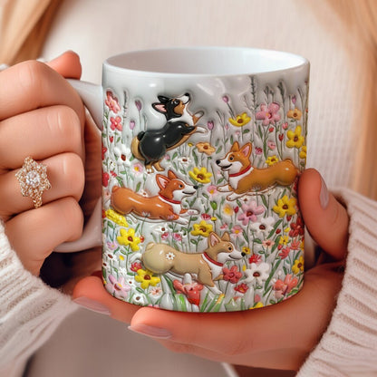 Lorva  Flat Print Mug Puffy Happy Corgi In Flower Garden