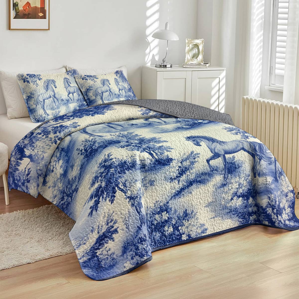 Lorva Horse All Season Quilt 3-Piece Set Blue Love