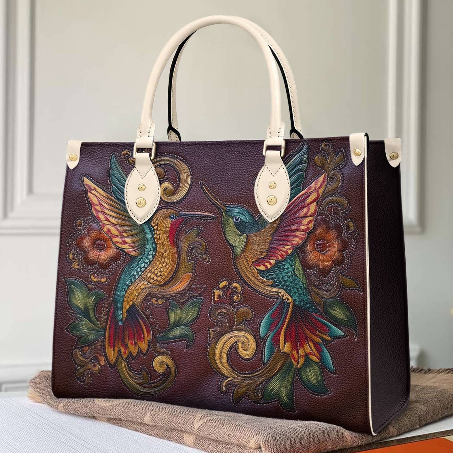 Lorva Leather Bag Vintage Floral Hummingbirds