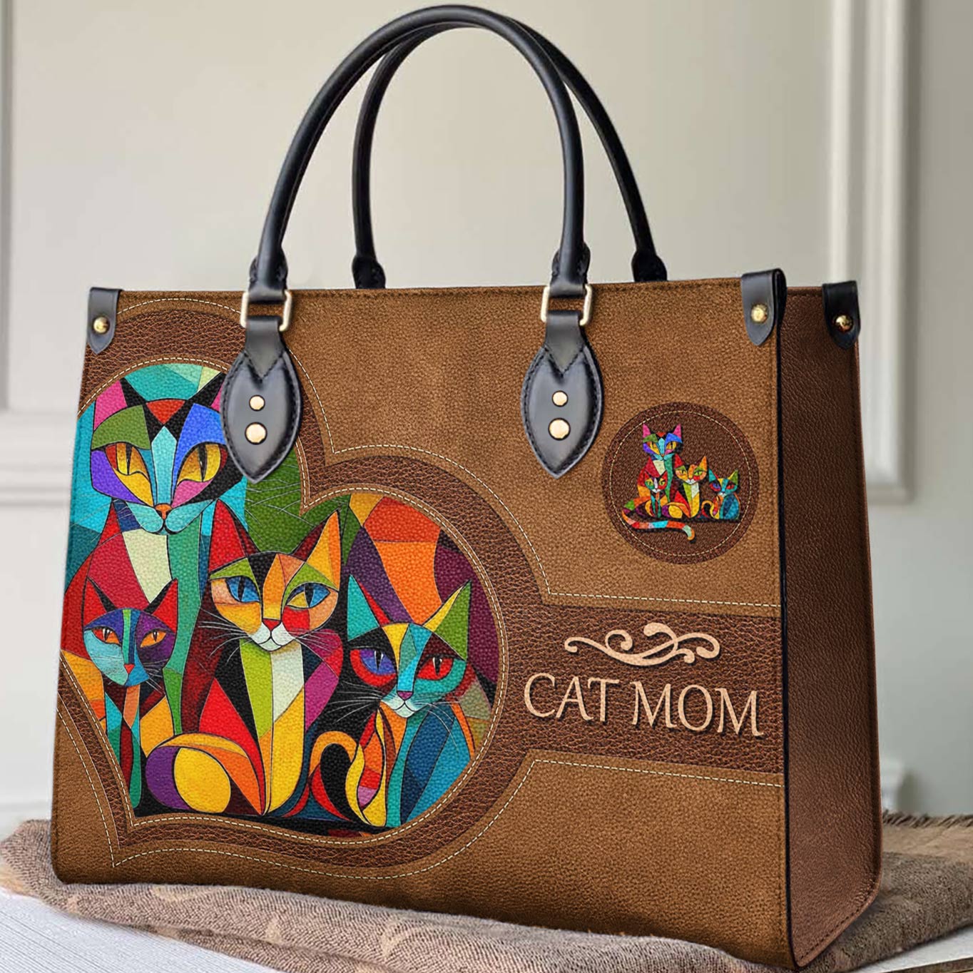 Lorva Leather Bag Colorful Cubism Cat Mom