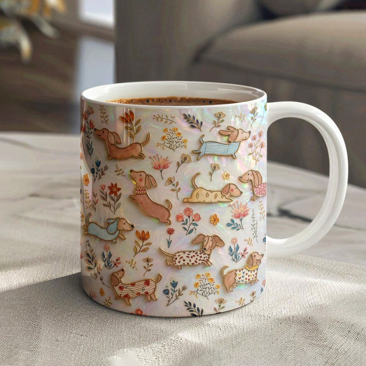 Lorva Flat Print Mug Cute Floral Dachshunds