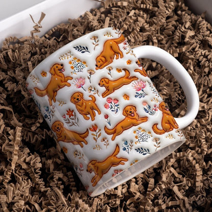 Lorva Red Golden Retriever Flat Print Mug Happy Field Flowers