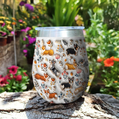 Lorva Corgi Wine Tumbler Happy Field Flowers