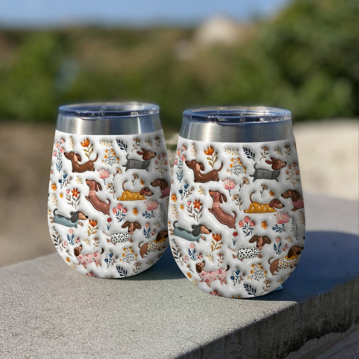 Lorva Dachshund Wine Tumbler Happy Field Flowers