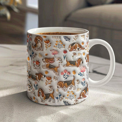 Lorva Basset Hound Flat Print Mug Happy Field Flowers