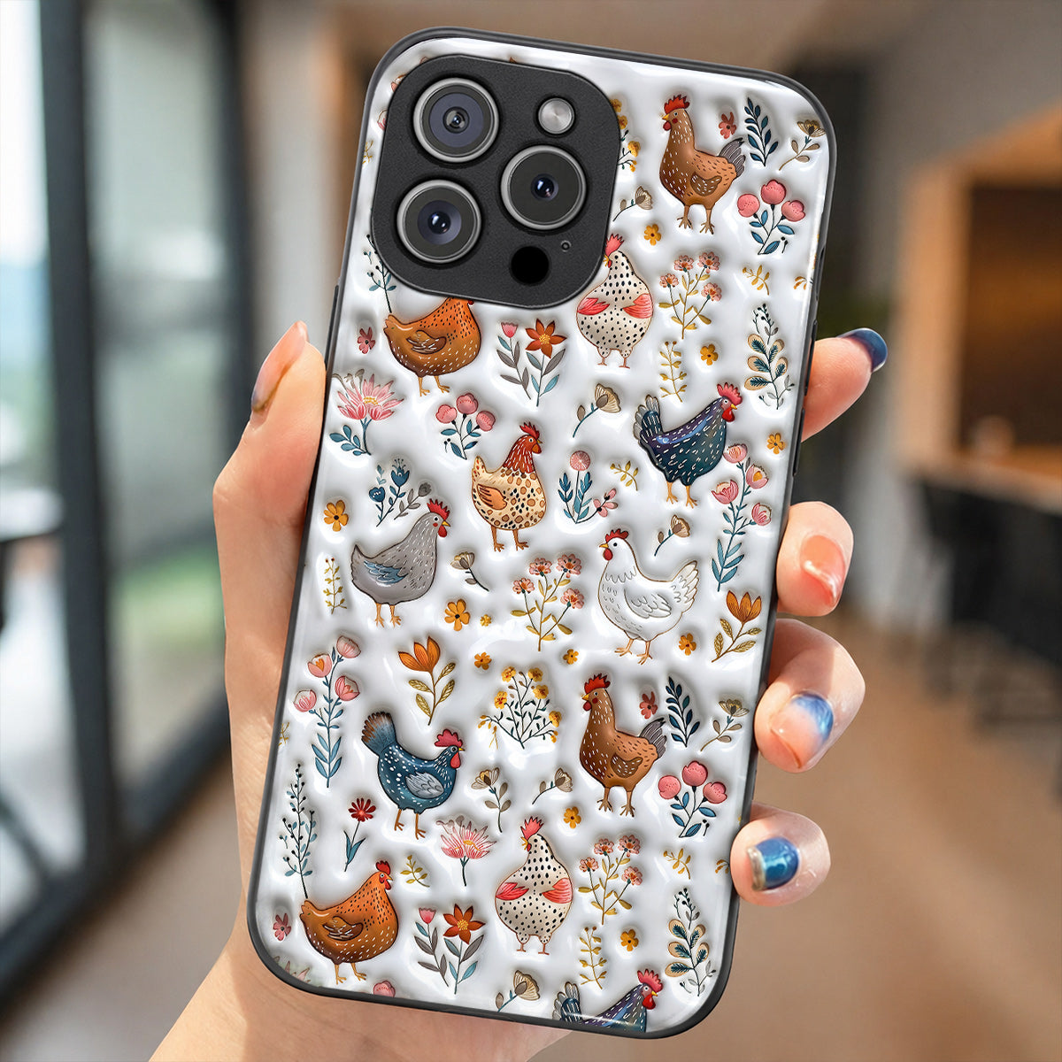 Lorva Happy Chicken in Flower Field Phone Case – Flat Printed Design