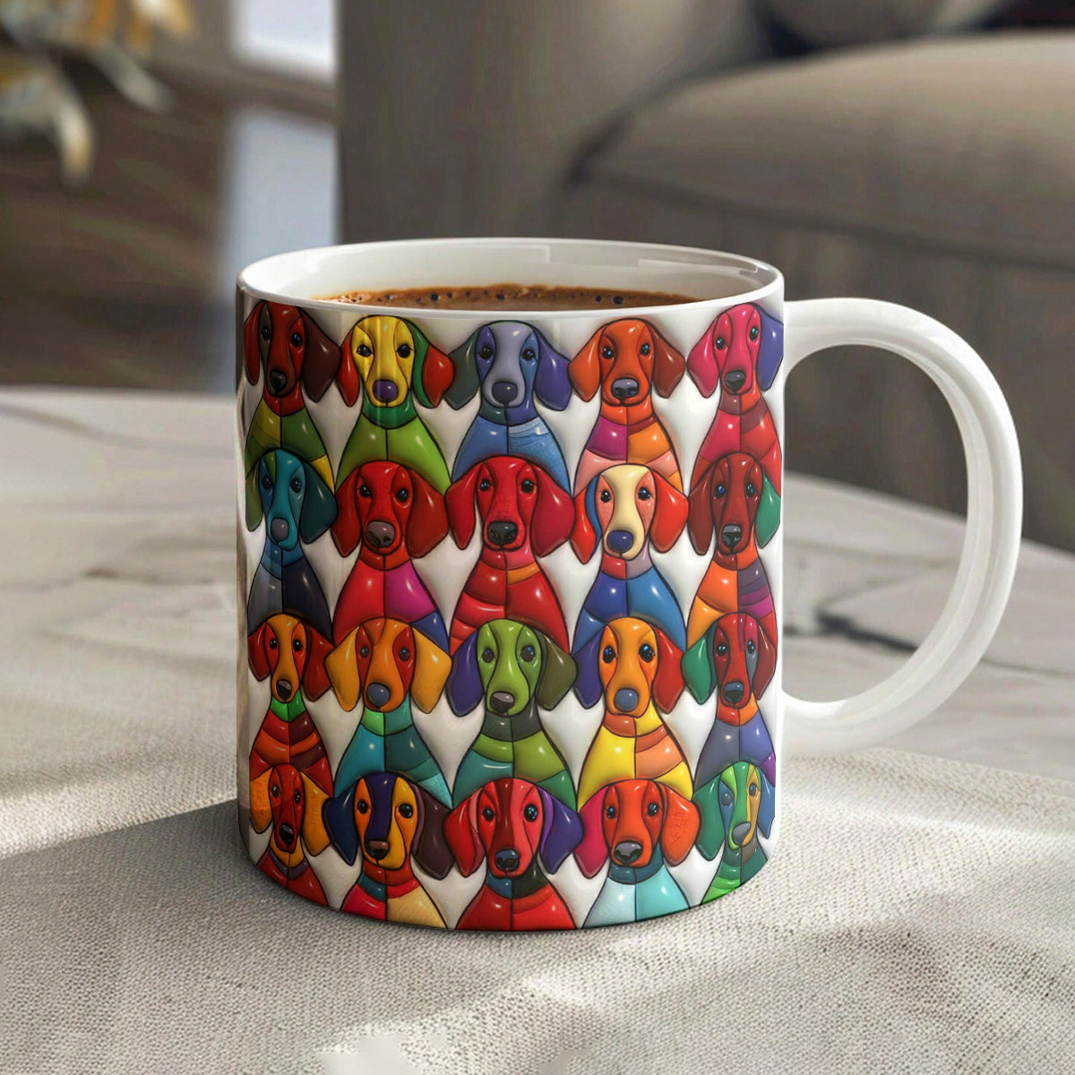 Lorva Flat Print Mug Colorful Whimsical Dachshunds