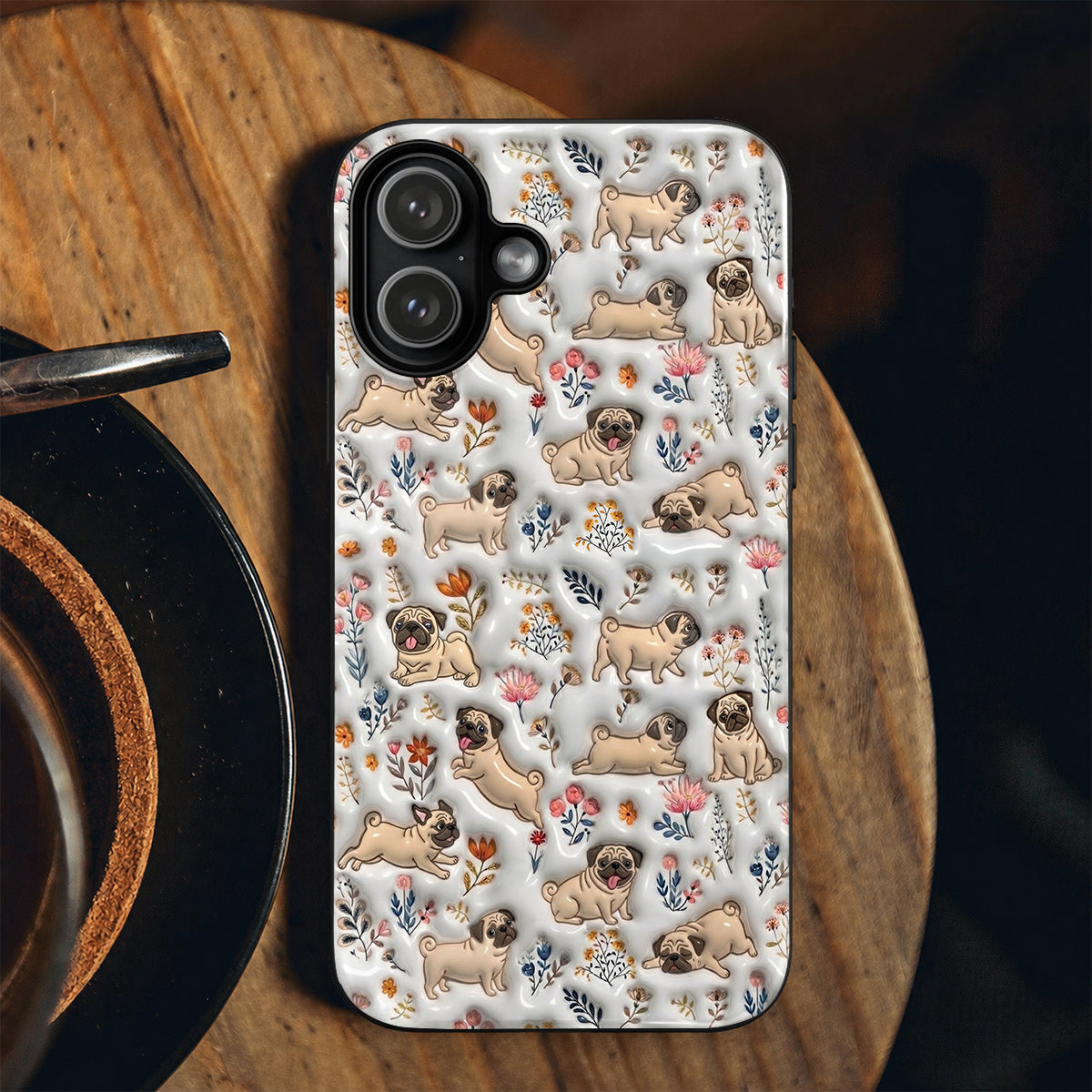 Lorva Pug Flat Print Phone Case Happy Field Flowers