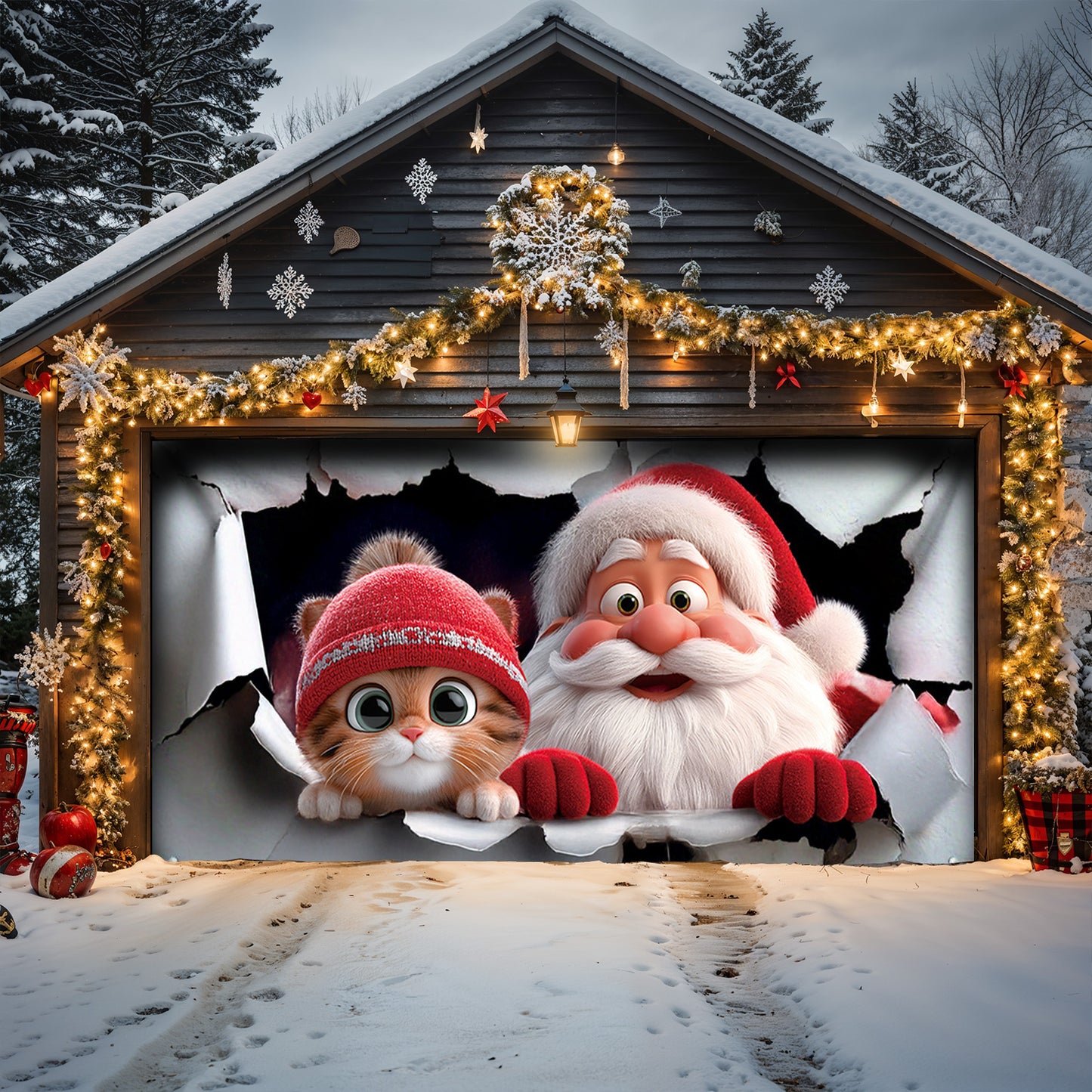 Lorva Christmas Garage Door Banner Decoration Cute Catmas