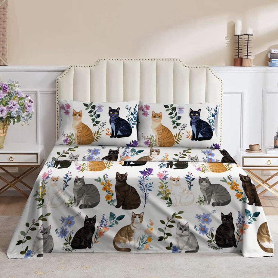 Lorva 4-Piece Bed Sheet Set Charming Floral Cats