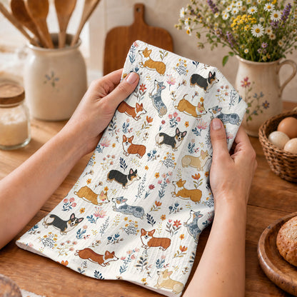 Lorva Corgi Kitchen Towel Happy Field Flowers