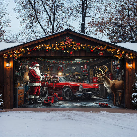 Lorva Christmas Garage Door Banner Decoration Reindeer At The Repair Shop