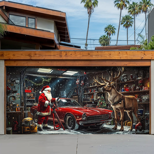 Lorva Christmas Garage Door Banner Decoration Santa's Merry Motorworks