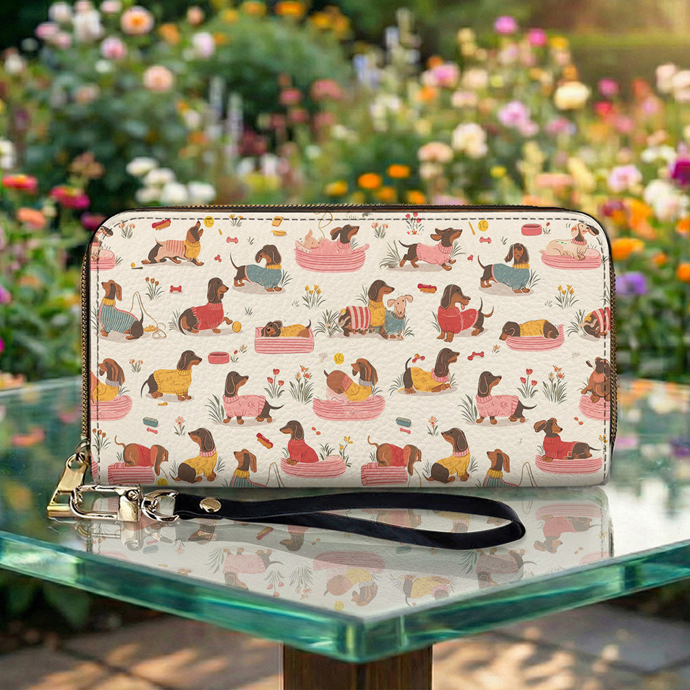 Lorva Dachshund Leather Wallet Playful Garden