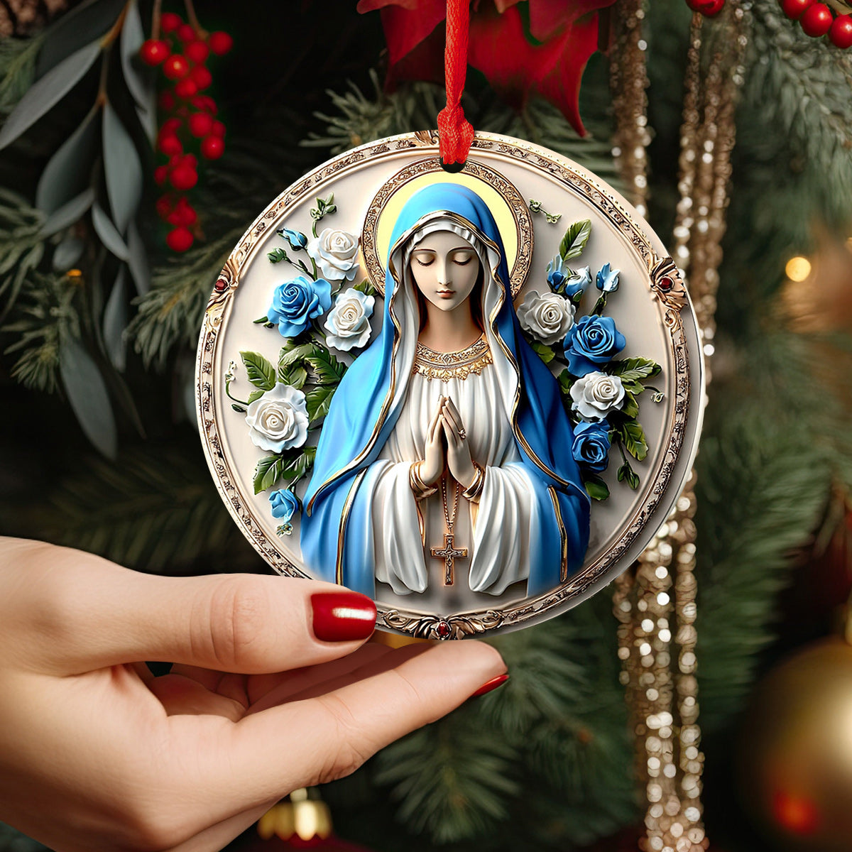 Lorva 2D Acrylic Ornament Charming Virgin Mary Roses