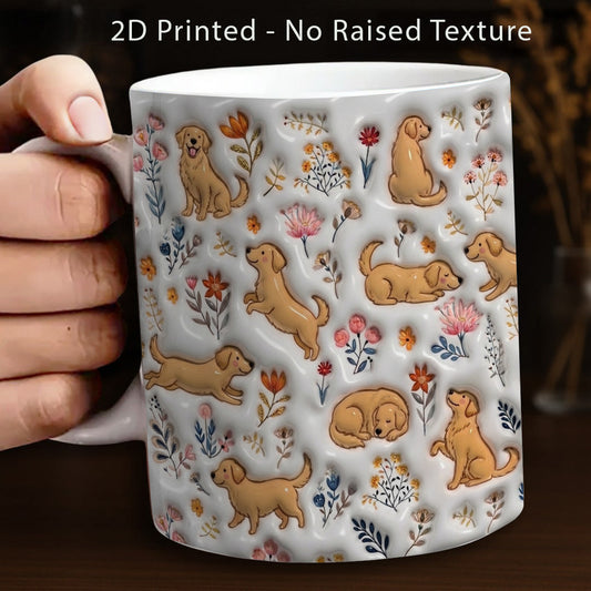Lorva Golden Retriever Flat Print Mug Cute Field Flowers