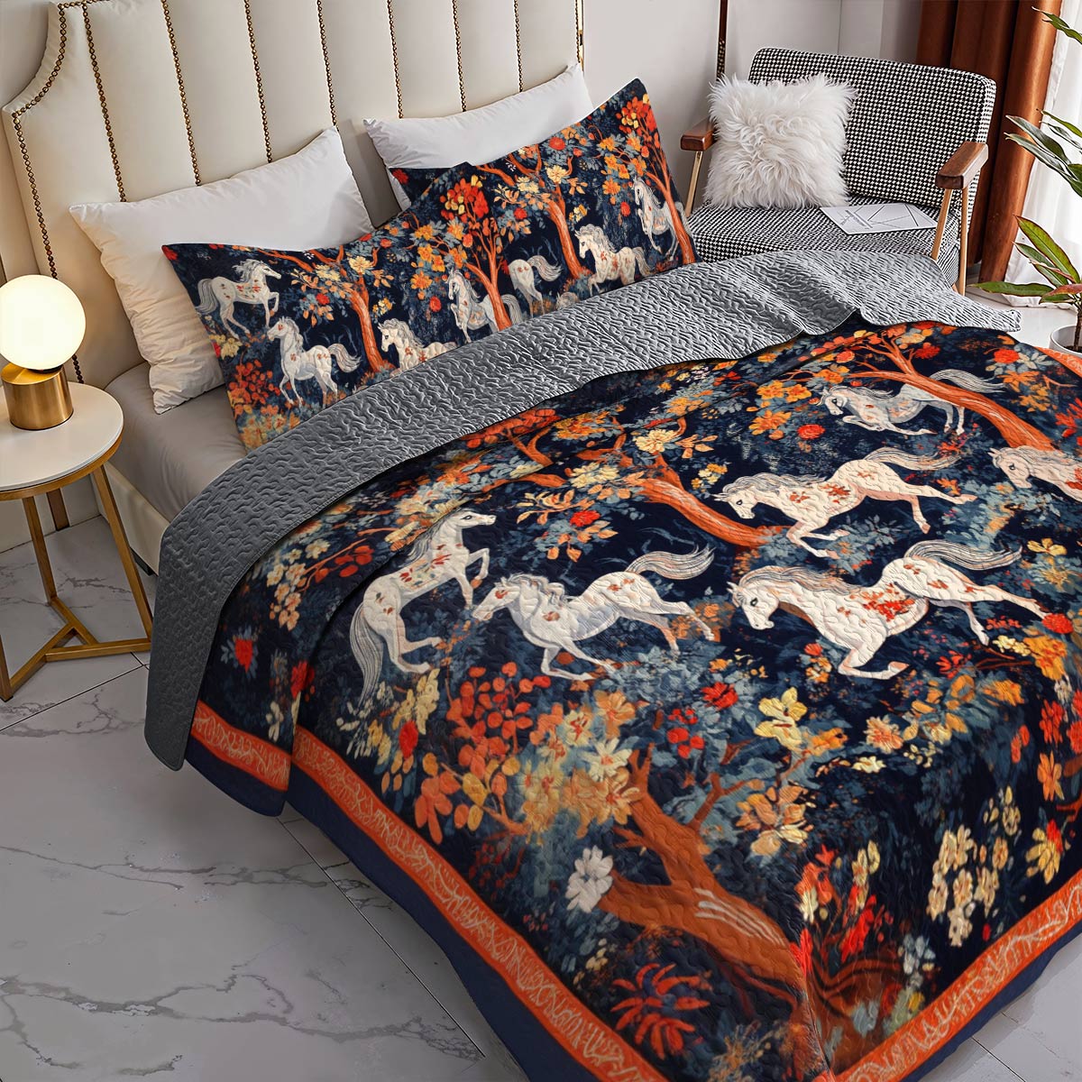 Lorva Horse All Season Quilt 3-Piece Set Beauty Flower Forest