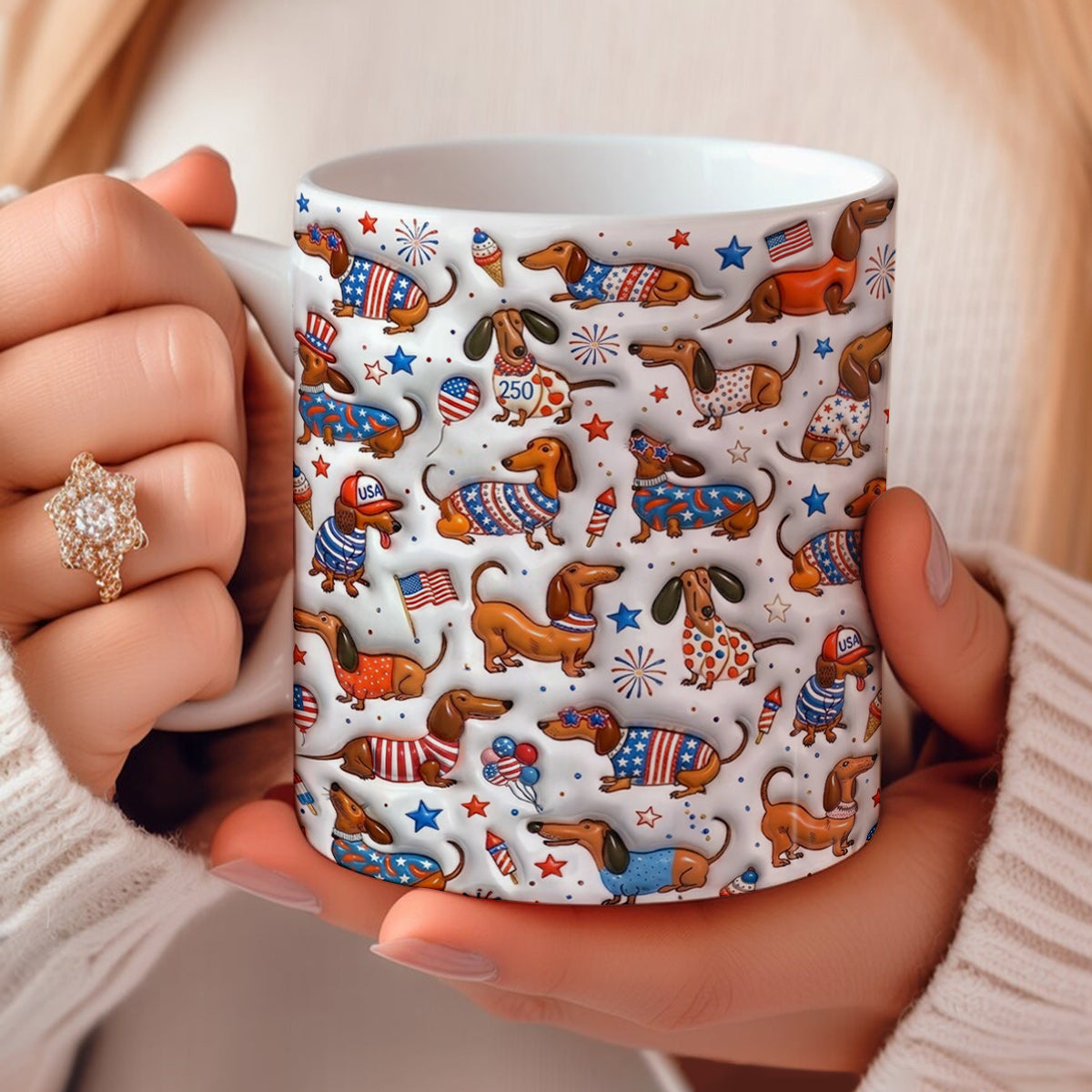Lorva Dachshund Flat Print Mug Happy Patriotic Day