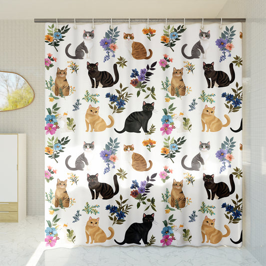 Lorva Shower Curtain Cute Floral Cats