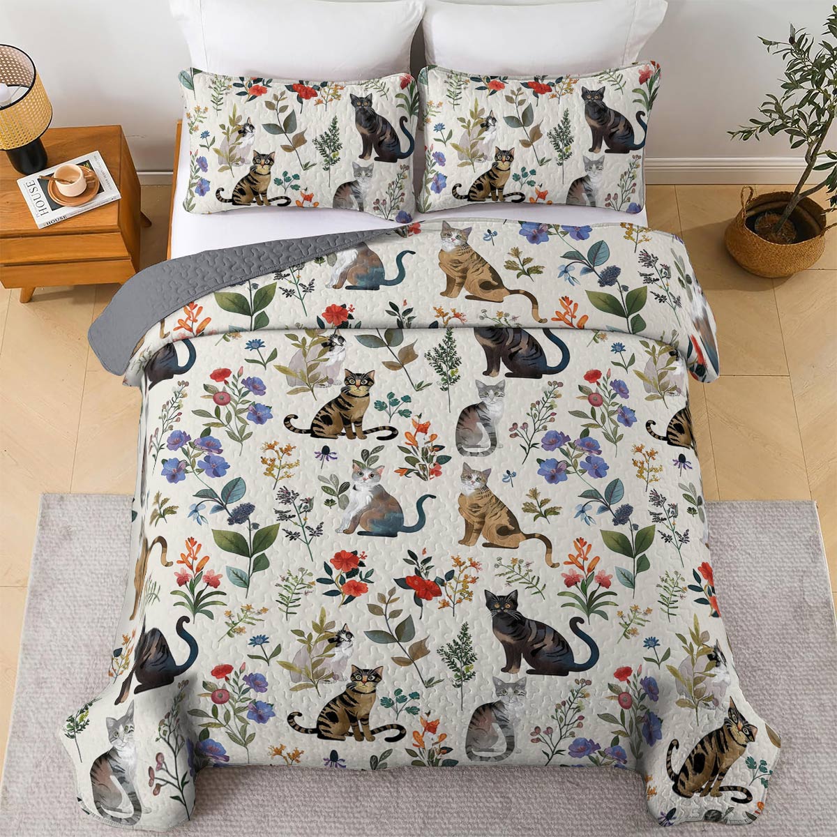 Lorva All Season Quilt 3-Piece Set Happy Floral Cats
