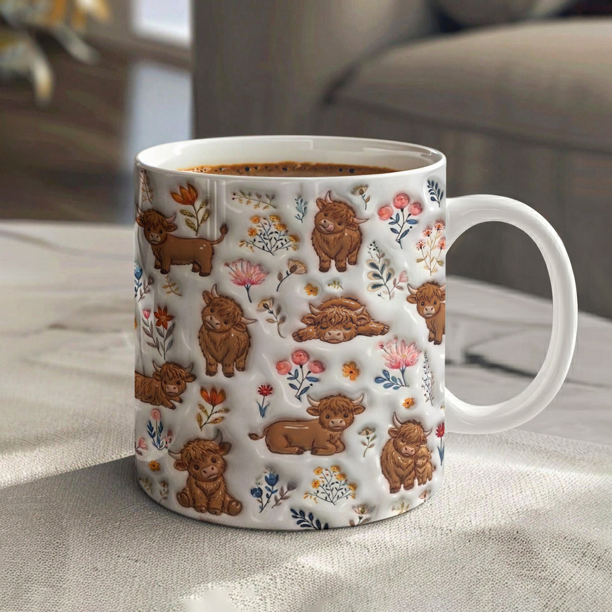Lorva Highland Cow Flat Print Mug Happy Field Flowers