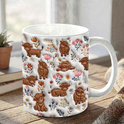 Lorva Highland Cow Flat Print Mug Happy Field Flowers